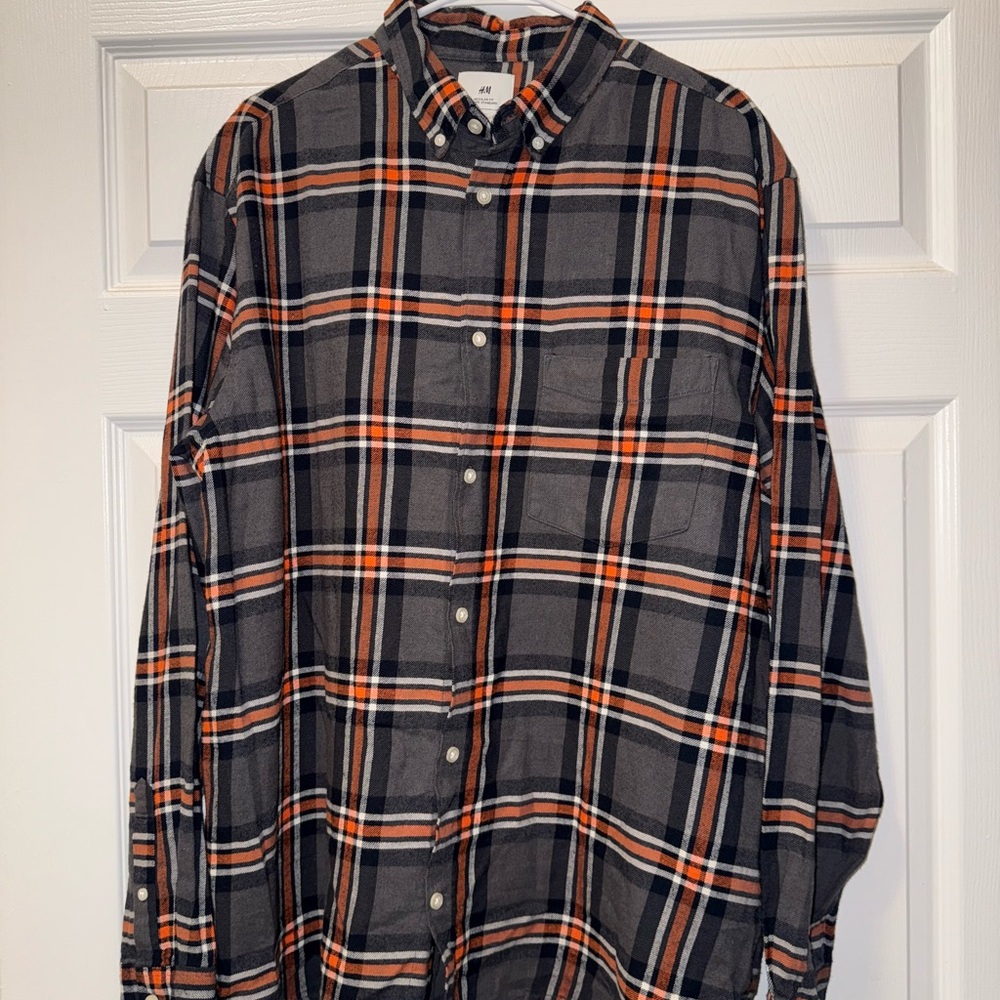 H&M Men's Casual Plaid Shirt - Black, Orange, and White